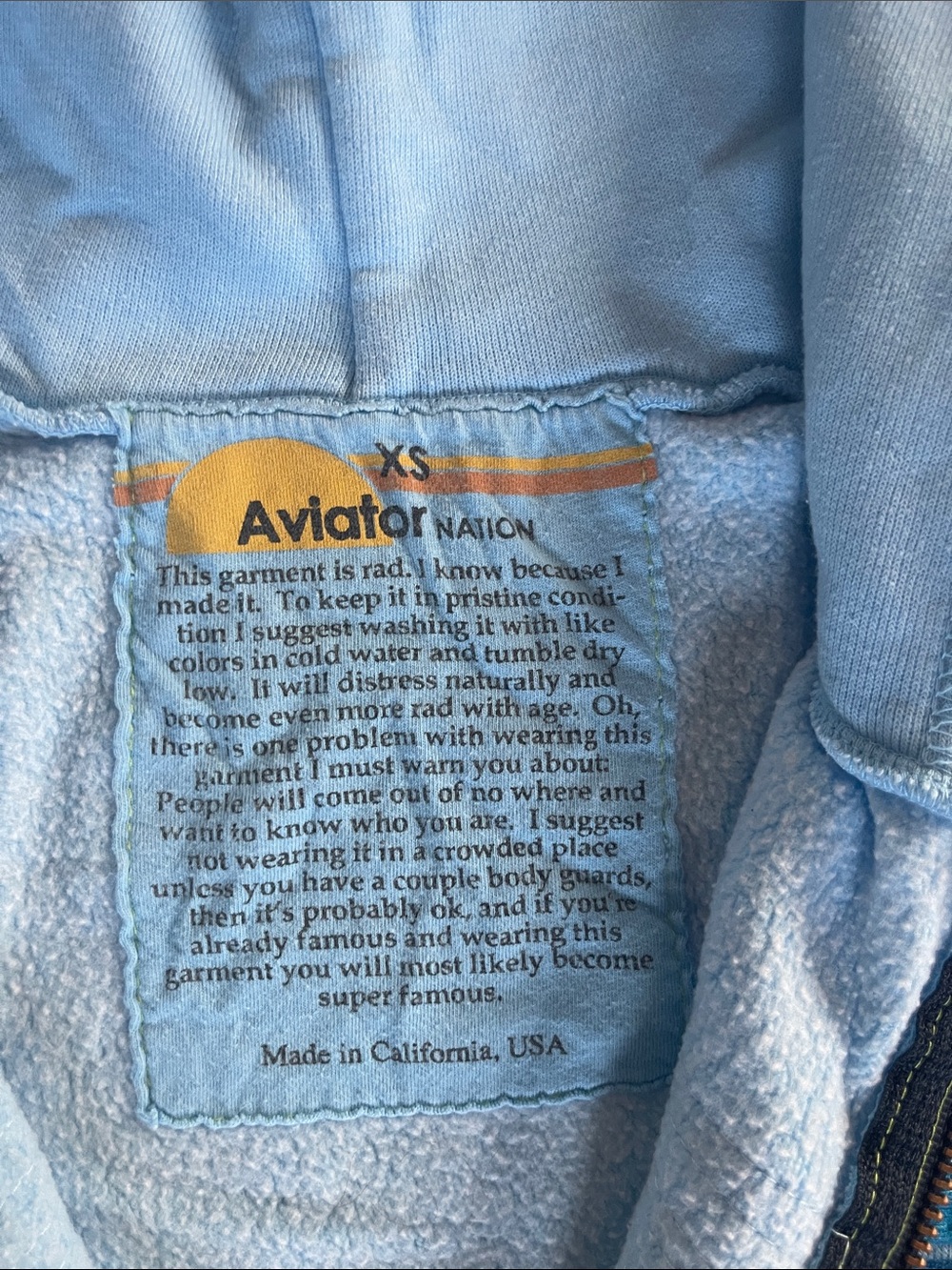 Aviator Nation Light Blue Zip-Up Hoodie with Blue Stripe Chest - Picture 2 of 3